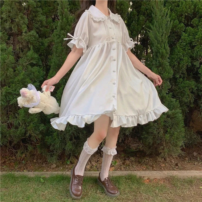 Lolita Skirt Fairy Skirt Summer Japanese Soft Girl Doll Collar Lace-Up Bubble Short-Sleeved Ruffle Dress for Women