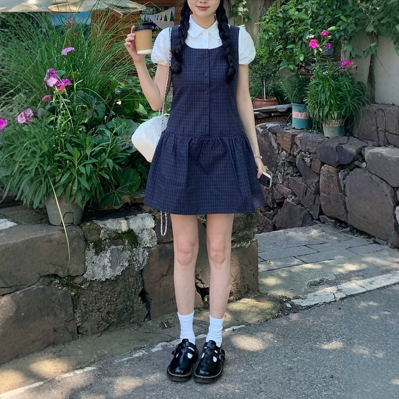 Xiy Cotton Plaid Patchwork Doll Collar Fake Two-Piece Shirt Dress for Women, Summer Sweet College Style Xiy Cotton Plaid Patchwork Doll Collar Fake Two-Piece Shirt Dress for Women, Summer Sweet College Style