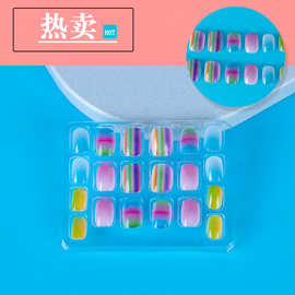 七彩炫酷方头假指甲 渐变色儿童甲片套装 指甲贴片短甲片穿戴甲