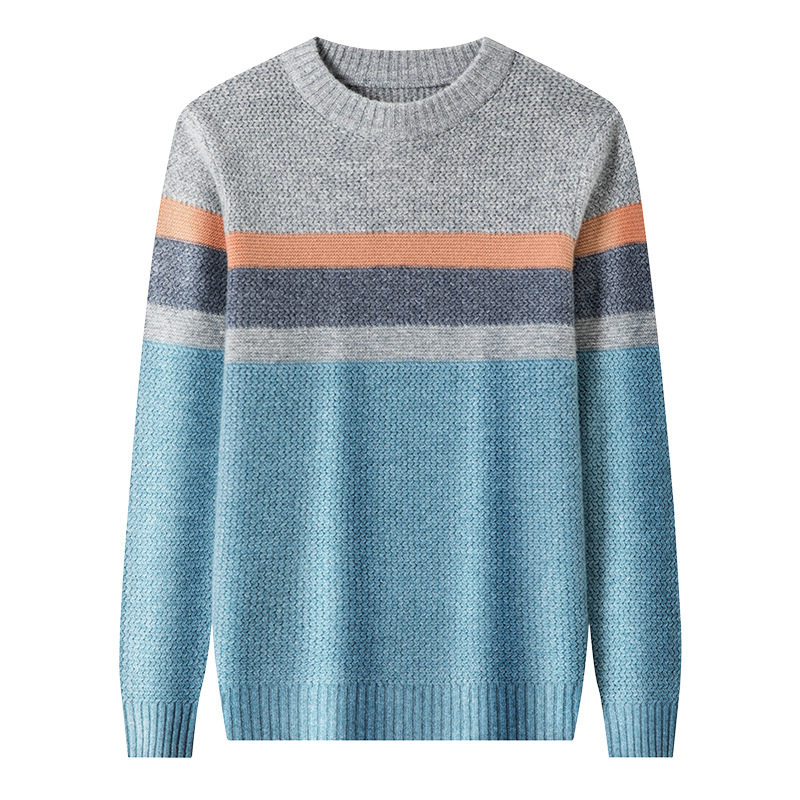 7 핀 두꺼운 100 순수 울 스웨터 남자 크루 넥 컬러 블록 니트 스웨터 젊은 및 중년 패션 스트라이프 따뜻한 스웨터