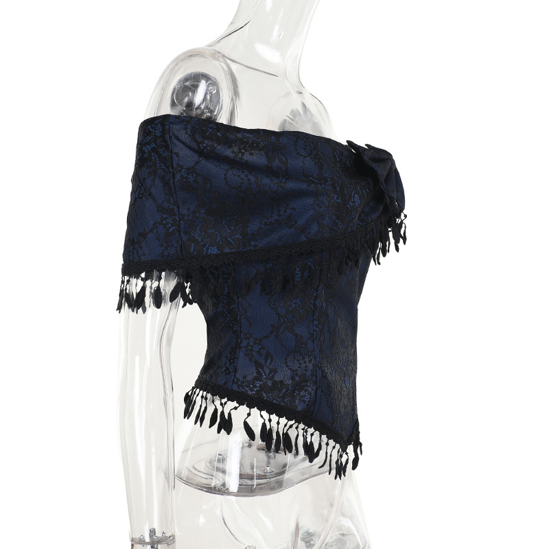 Autumn Lace Irregular Asymmetric Sexy off the Shoulder Tassel Top for Women
