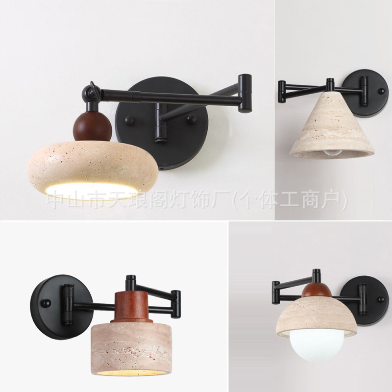 Cream-Colored Retractable Swing-Arm Wall Lamp with Vintage Yellow Travertine Eye-Protection Light Source for Study, Bedroom, and Bedside Reading