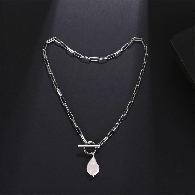304 Stainless Steel, Freshwater Pearl Material Elegant Water Droplets Stainless Steel Freshwater Pearl Toggle Pendant Necklace