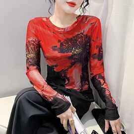 辣妹风大花水墨印花网纱T恤女弹力紧身显瘦薄款长袖叠穿百搭上衣