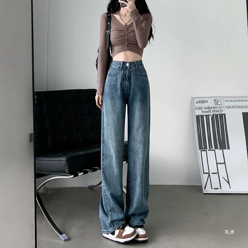 Meituan Supermarket's popular white high-waisted loose straight-leg jeans for women, spring and summer slimming drapey floor-length cotton pants