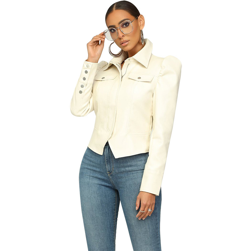 Faux Leather Long-Sleeved Waist Lapel Jacket NSME110748