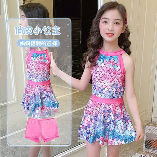 New Internet celebrity children's swimsuit for girls, small, medium and large children, cute printed skirt student swimwear summer wholesale