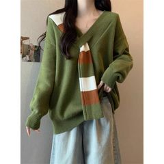 韩系条纹假围巾V领毛衣女秋冬2025新款慵懒风宽松针织衫  北57