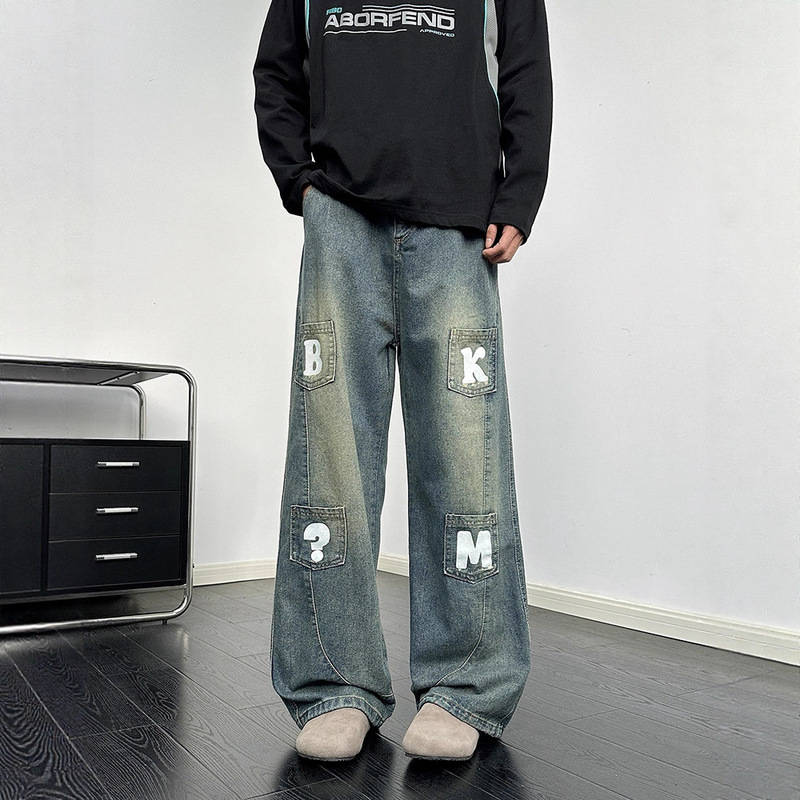 Men's Jeans Spring and Autumn 2023 New American Retro Loose Straight Trendy Brand Long Pants Wide-Leg Cargo Casual Trousers