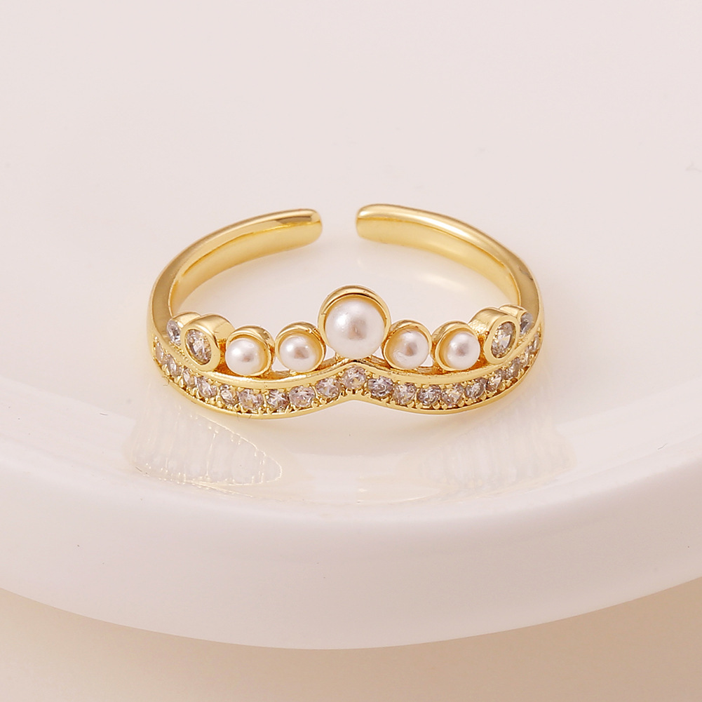 simple hand jewelry crown pearl copper micro-set zircon opening adjustable tail ring