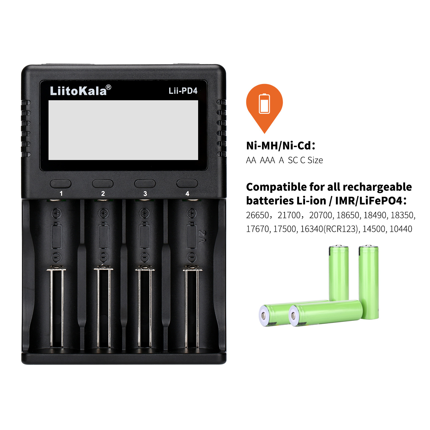 LiitoKala Lii-PD4 18650 26650 21700 4-Cell Lithium Battery LCD Charger