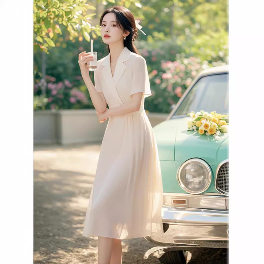 Váy liền voan trắng thắt eo dáng maxi cho nữ mùa hè — Màu trắng