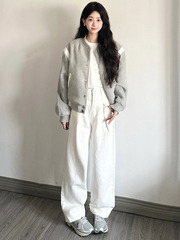 早初秋灰色复古风拼色短外套女棒球卫衣服秋小个子高街夹克上衣