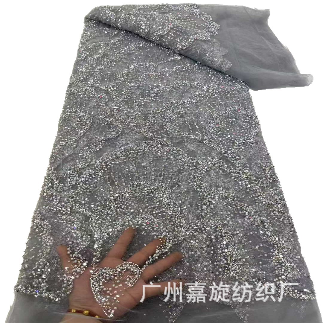 Nuevo tejido de encaje con cuentas de estilo francés para vestido de novia, con cuentas de burbuja, cuentas tubulares, lentejuelas y material de bordado.