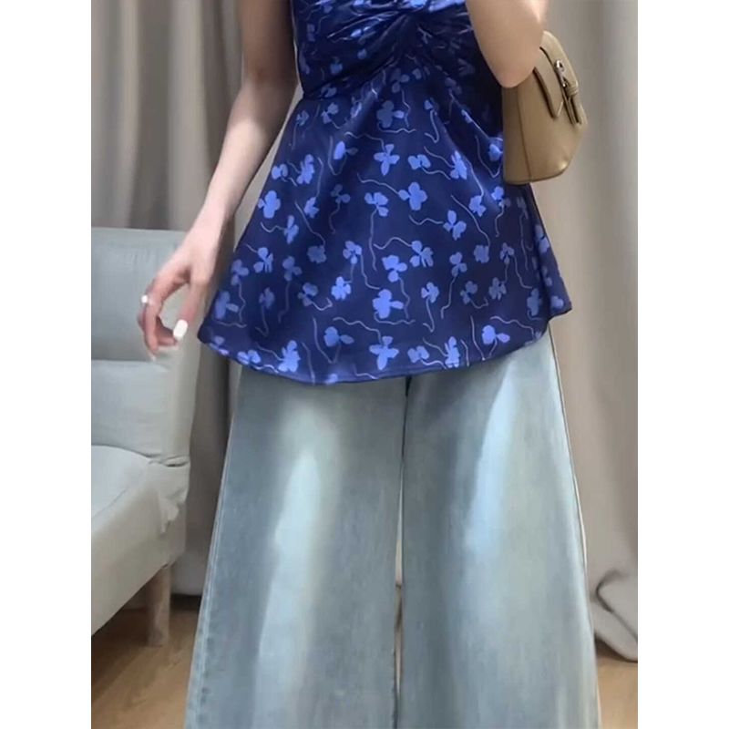 ハイウエストのワイドレギンスのズボンのジーパンの女性の新型の春の紺色のゆったりしている大きいズボンのレギンスのスピーカーは地のズボンのズボンのズボンを引きずる|undefined