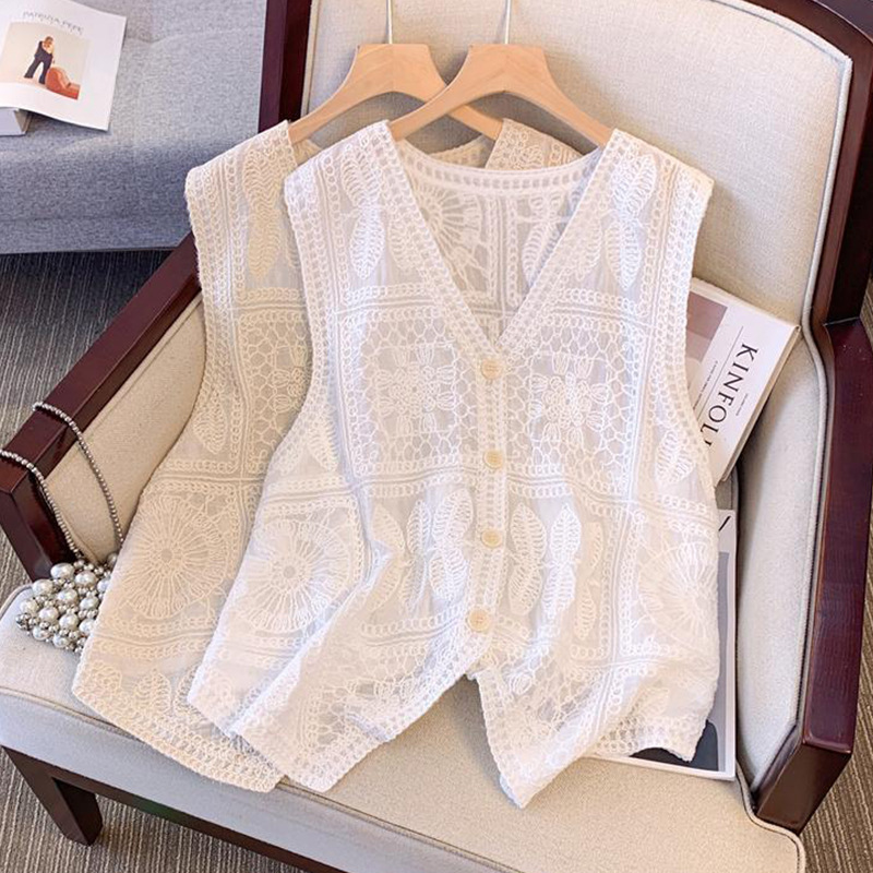Bohemian Vacation Style Crochet Hollow-Out Layered Versatile Vest Cardigan Outerwear Plus-Size Sleeveless Top 2267