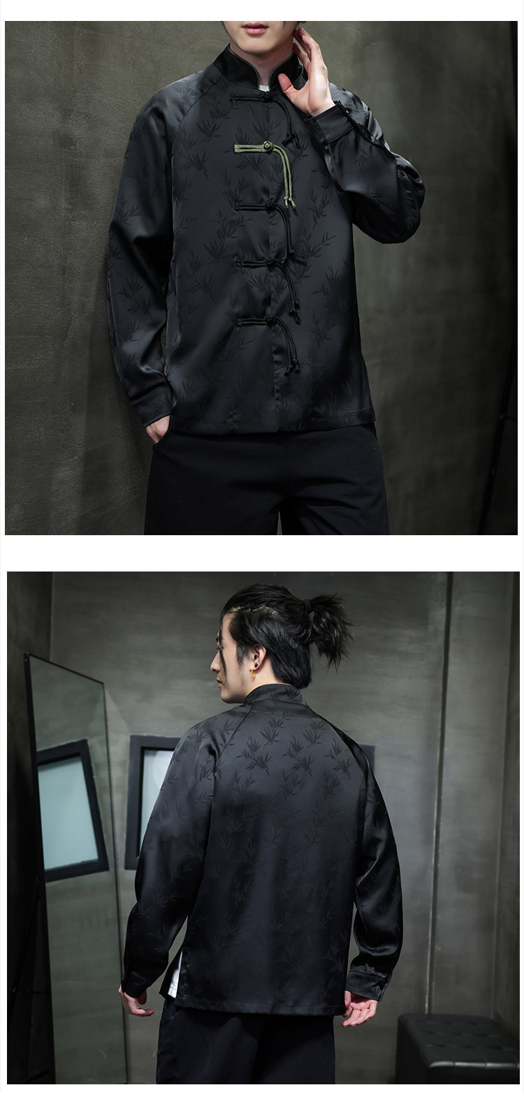Black Hole Scenery Spring/Summer New Product Chinese Style Bamboo Leaf Silk Jacquard Long sleeved Shirt Button Standing_vogarts.com