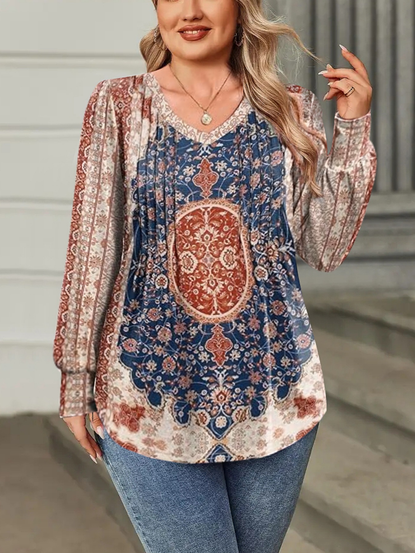 Europa y Estados Unidos trajes de mujer transfronterizos primavera y otoño estampados de cuello redondo camiseta de estilo retrógrado elegante viajes de ocio