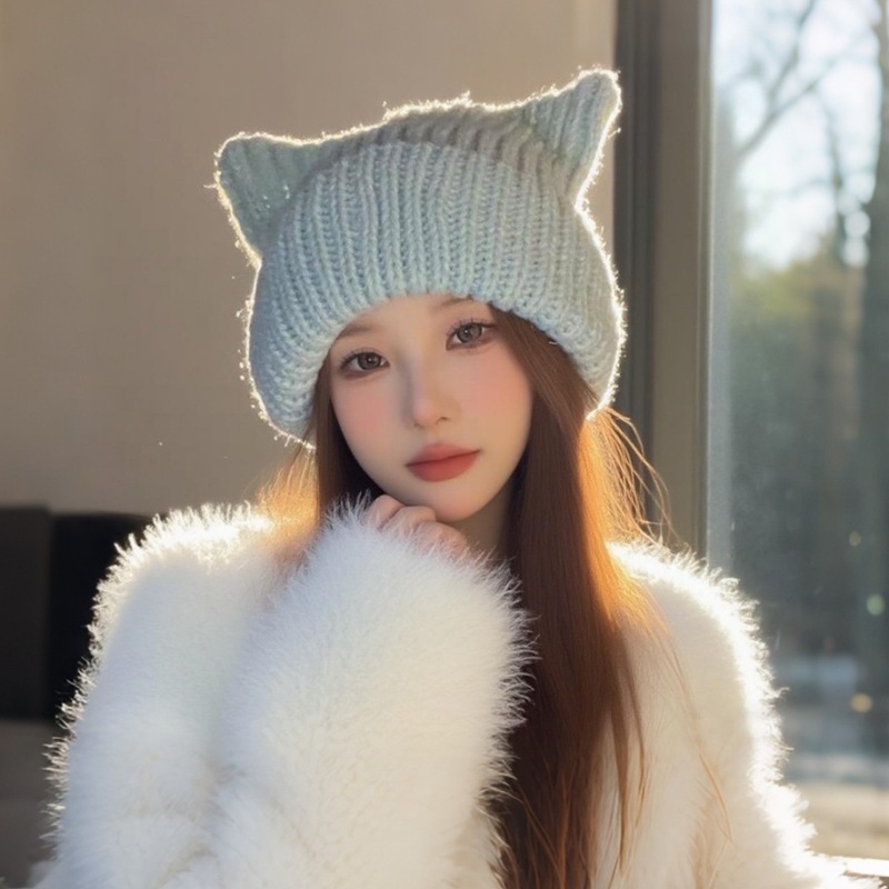 毛线帽秋冬款猫耳朵针织帽百搭显脸小套头帽保暖防寒加厚护耳帽子|undefined