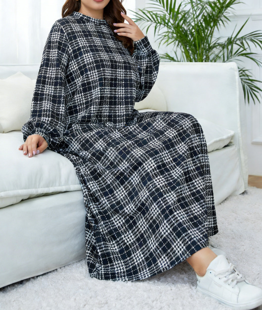 Cross-border Middle Eastern Muslim Women's Black And White Plaid Robe, Loose Plus-size Round-neck Long Dress Abaya_ecoleips.com