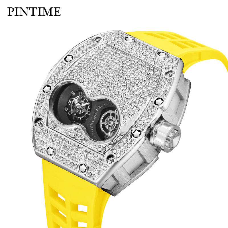 PINTIME watch mechanical style European and American hip hop style full diamond watch men's high-grade waterproof quartz cross-border watch