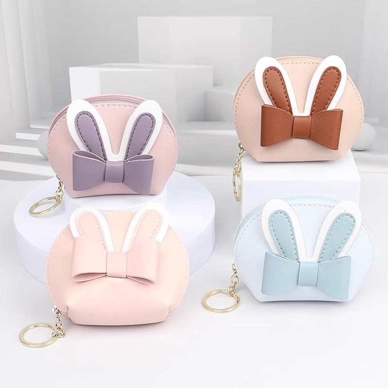 Cartoon Rabbit Ear Pu Leather Simple Coin Purse New Style Ring Hairpin Jewelry Bag Keychain Zipper Storage Bag