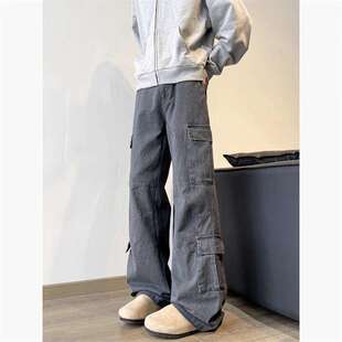 Multi-Pocket Washed Straight-Leg Jeans for Men, Spring and Autumn American Retro Loose Casual Distressed Cargo Pants