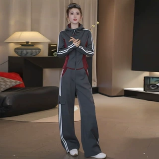 灰色休闲运动套装女士春秋韩版时尚撞色显瘦连帽卫衣阔腿裤两件套