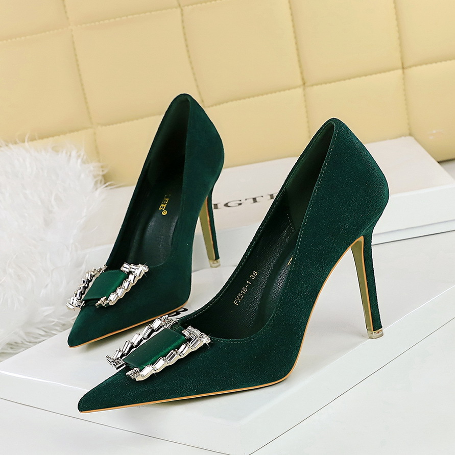 516-K73 European And American Spring/Autumn Party High Heels, Thin Heel, Suede, Shallow Mouth, Pointed Toe, Metal_vogvips.com