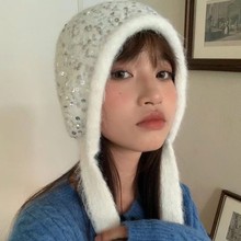 韩国设计师款亮片包头帽女秋冬季可爱护耳系带显脸小毛线针织帽子
