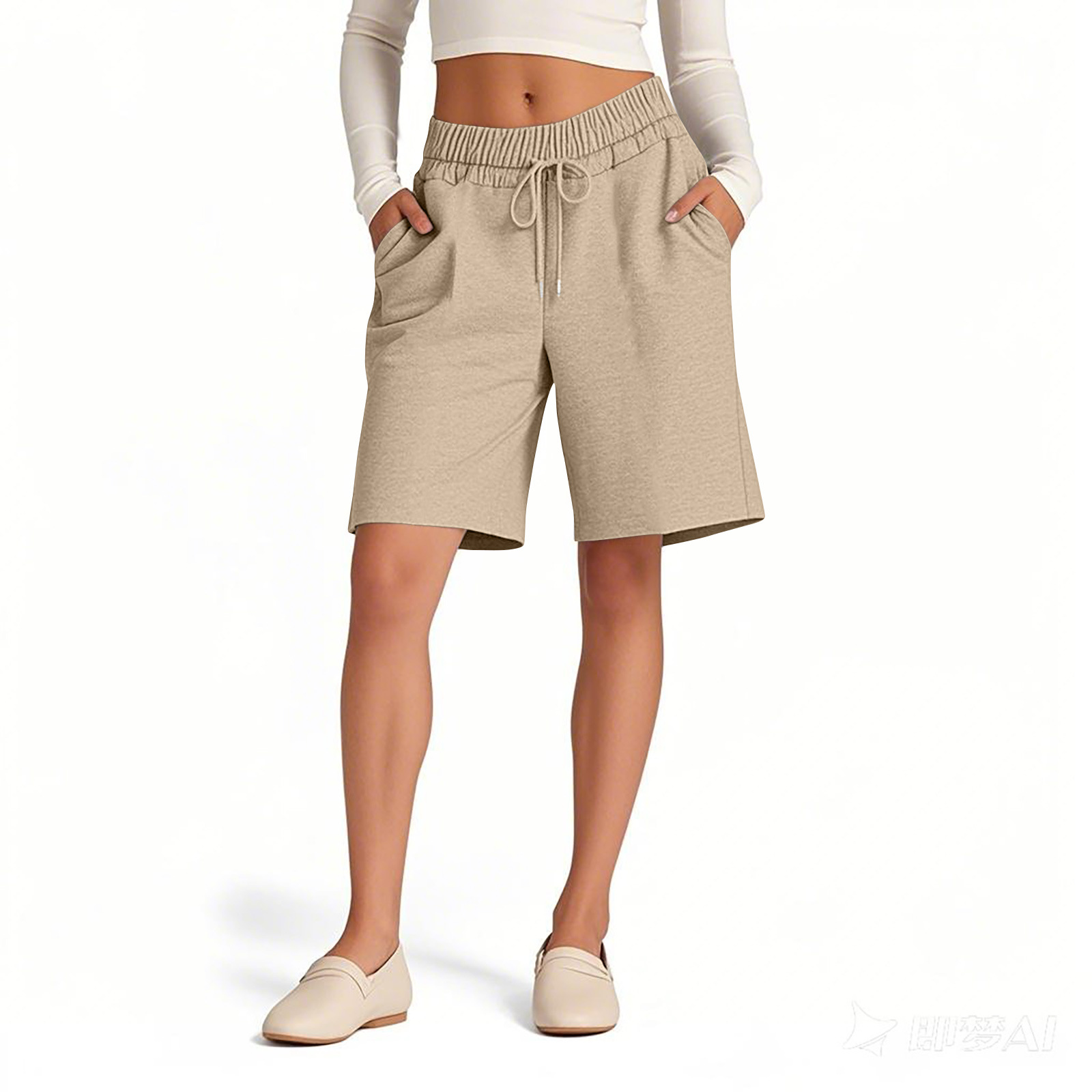 Loose Fit Women's Shorts Elastic Waist Solid Colour Casual Style_voghion.com