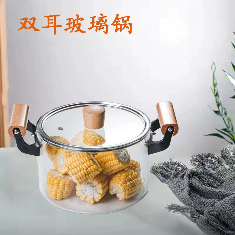 Скважная borosilicate стеклянная кастрюля с двойными деревянными ручками - 2.5–5.5 л сотейник, прозрачный суповая