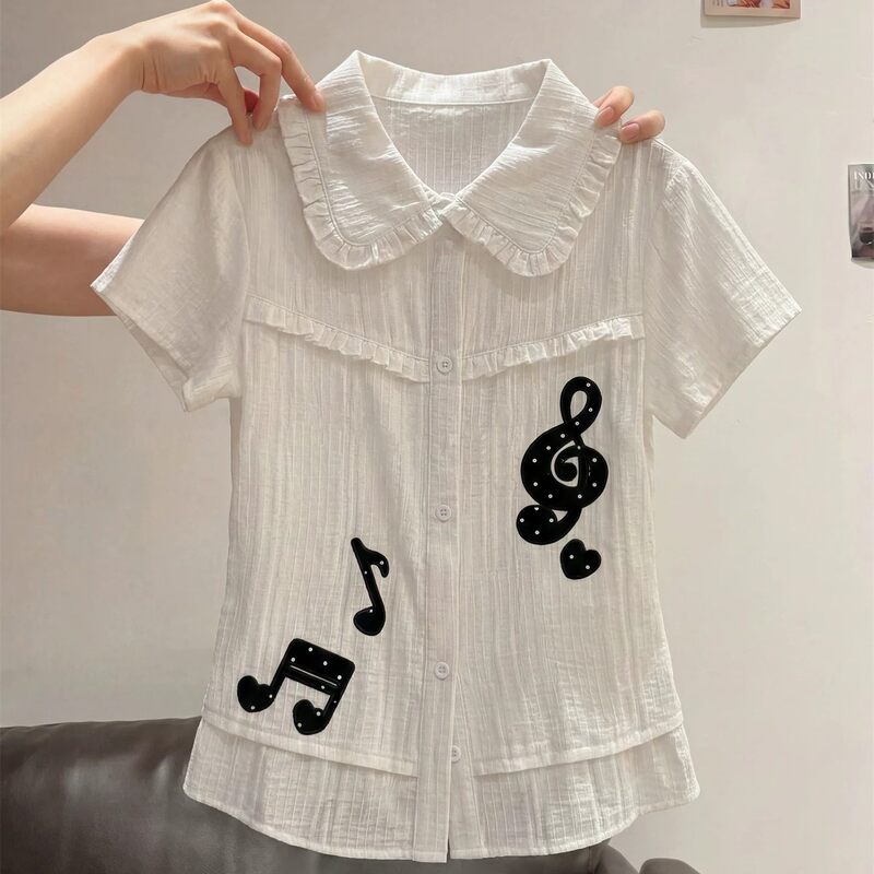 Korean-Style Musical Note Embroidery White Doll Collar Short-Sleeve Shirt for Women, Summer Versatile High-End Sweet Slim-Fit Top