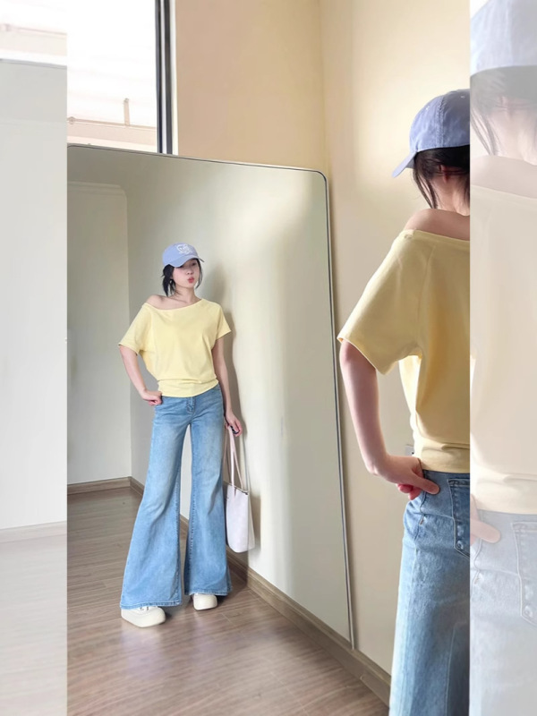 ゆったりとしたデザインのオフショルダートップ、ワンショルダー夏新作半袖Tシャツ、女性ニッチ斜め肩甘いホットガール夏痩身|undefined