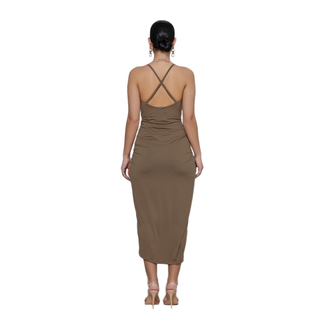 Casual Sling v neck backless slim Solid Color Dress NSXLY119732