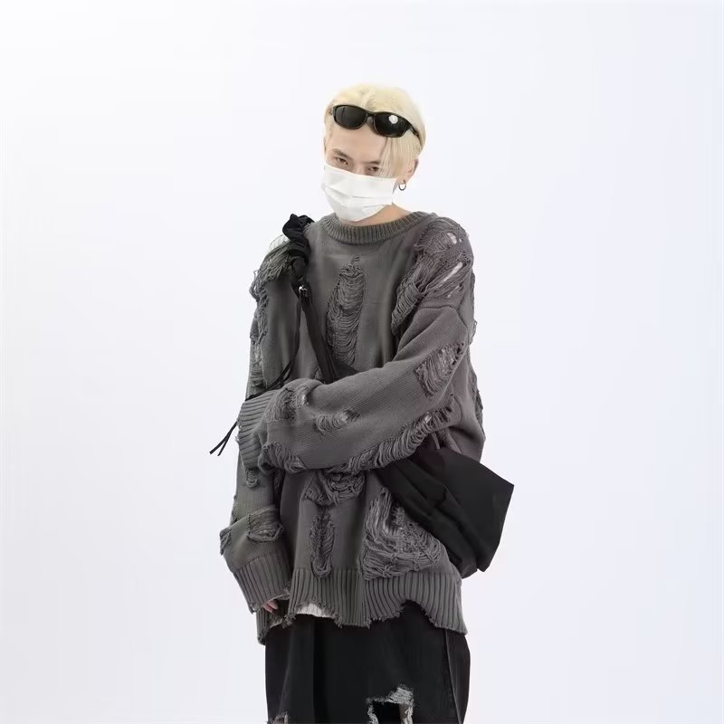 Fake Two-piece Sweater Men's Autumn and Winter Thickened Hole Hollow Fashion Brand Double-sided Sweater Lazy Style Coat High-grade Sense