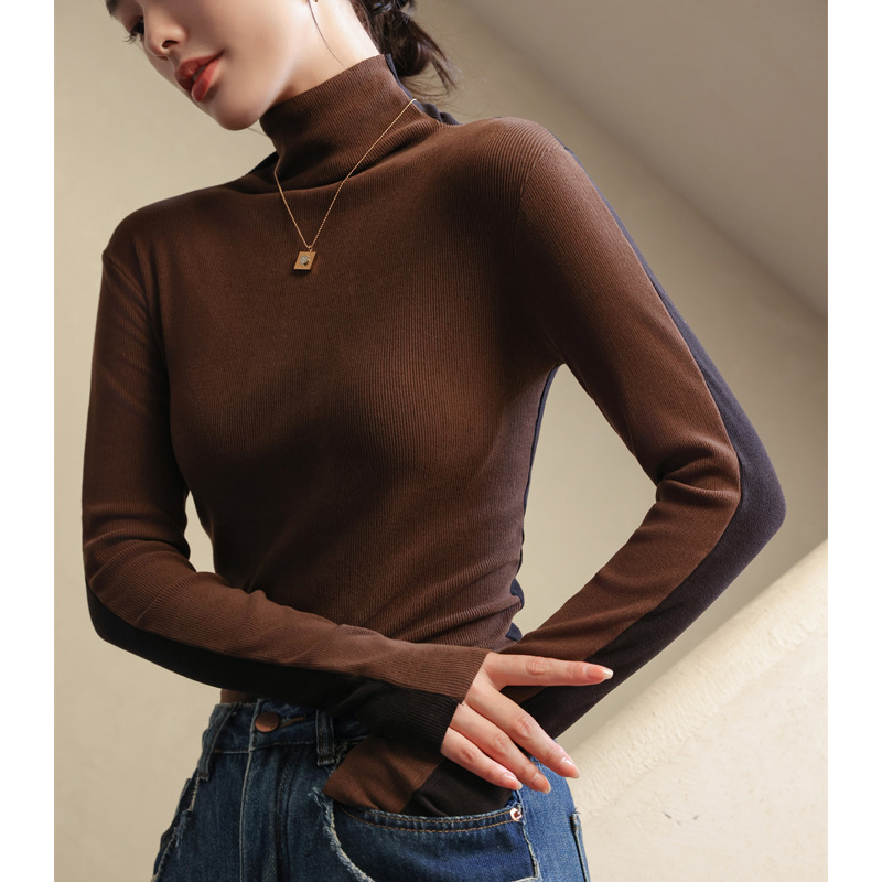 Camisa de fondo de cuello alto con cuello alto de hilo de otoño e invierno Camisa de fondo de dos vías de manga larga de ajuste delgado de color interior para mujer