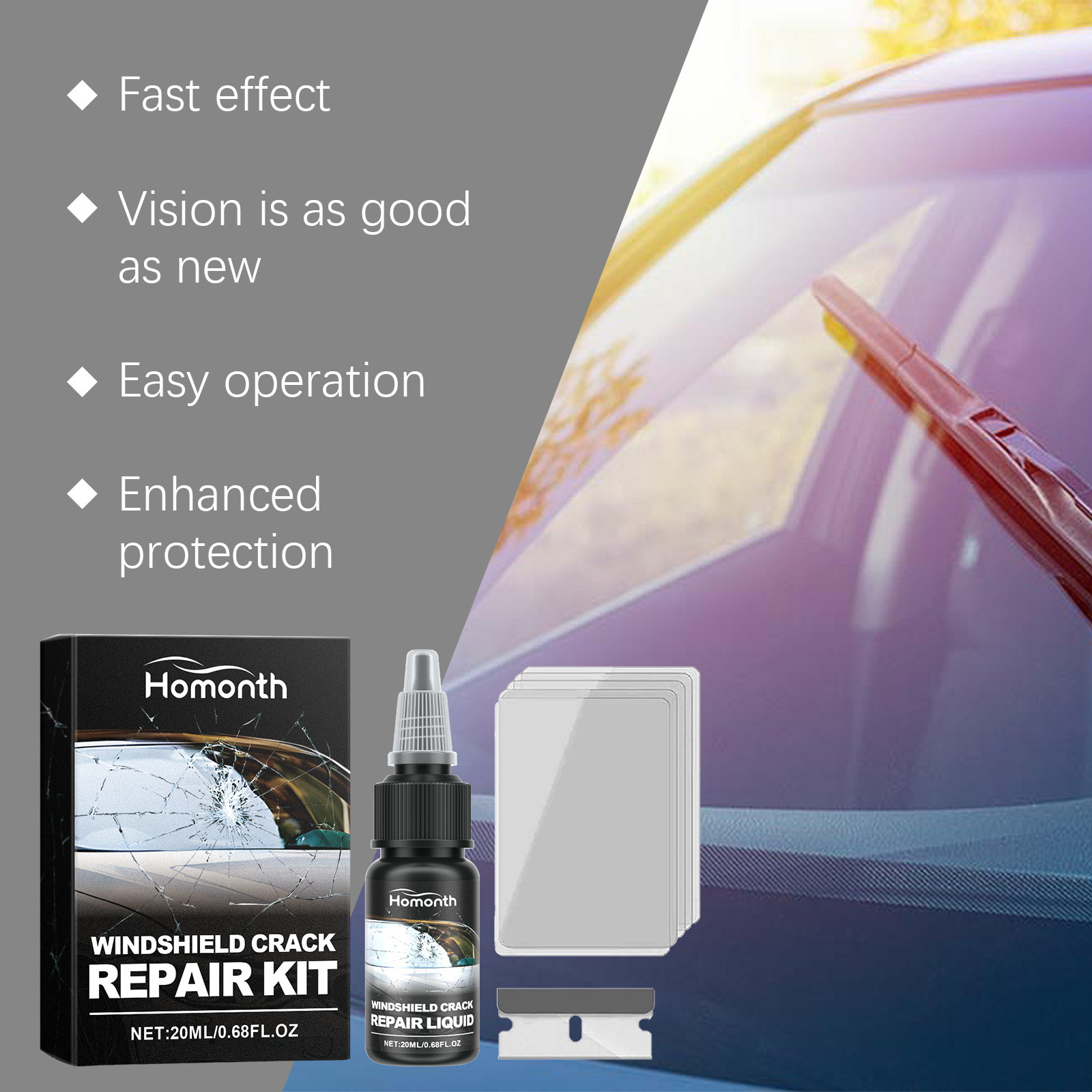HOMONTH glass crack care suit clear vision car front windshield nano repair liquid suit