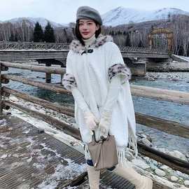 加厚秋冬针织披肩新疆民族新款连帽旅行流苏旅游拍照斗篷披风加绒