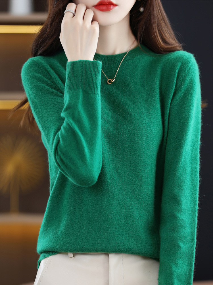 Nuevo otoño temprano cuello redondo 100 suéter de lana de las mujeres de moda simple flojo adelgazar punto manga larga que basa la camisa suéter de las mujeres