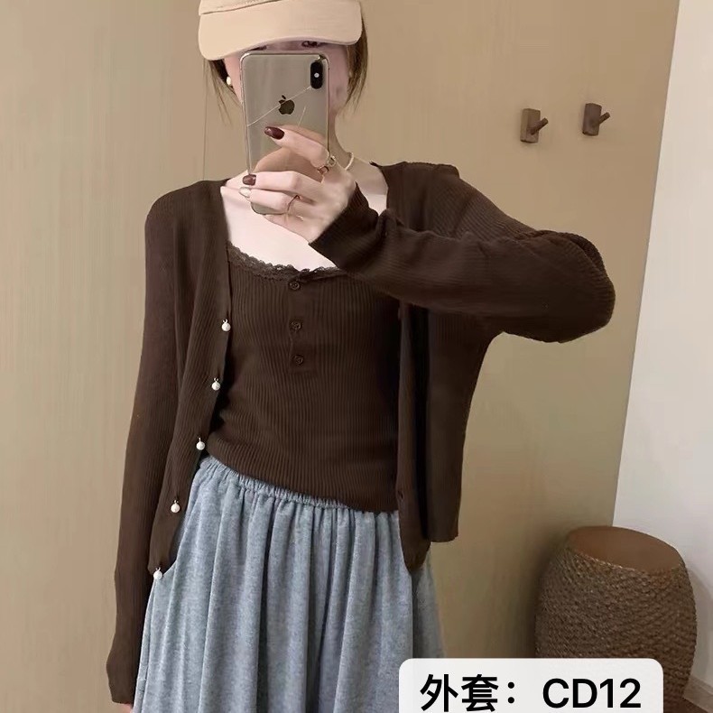 花边吊带两件套针织衫上衣女秋季新款甜美气质简约风百搭套装时尚|undefined