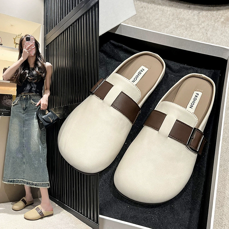 Ретро тапочки Baotou с мягкой подошвой, весенняя новинка 2025 года, модные повседневные универсальные женские туфли на плоской подошве, полутапочки на одну ногу