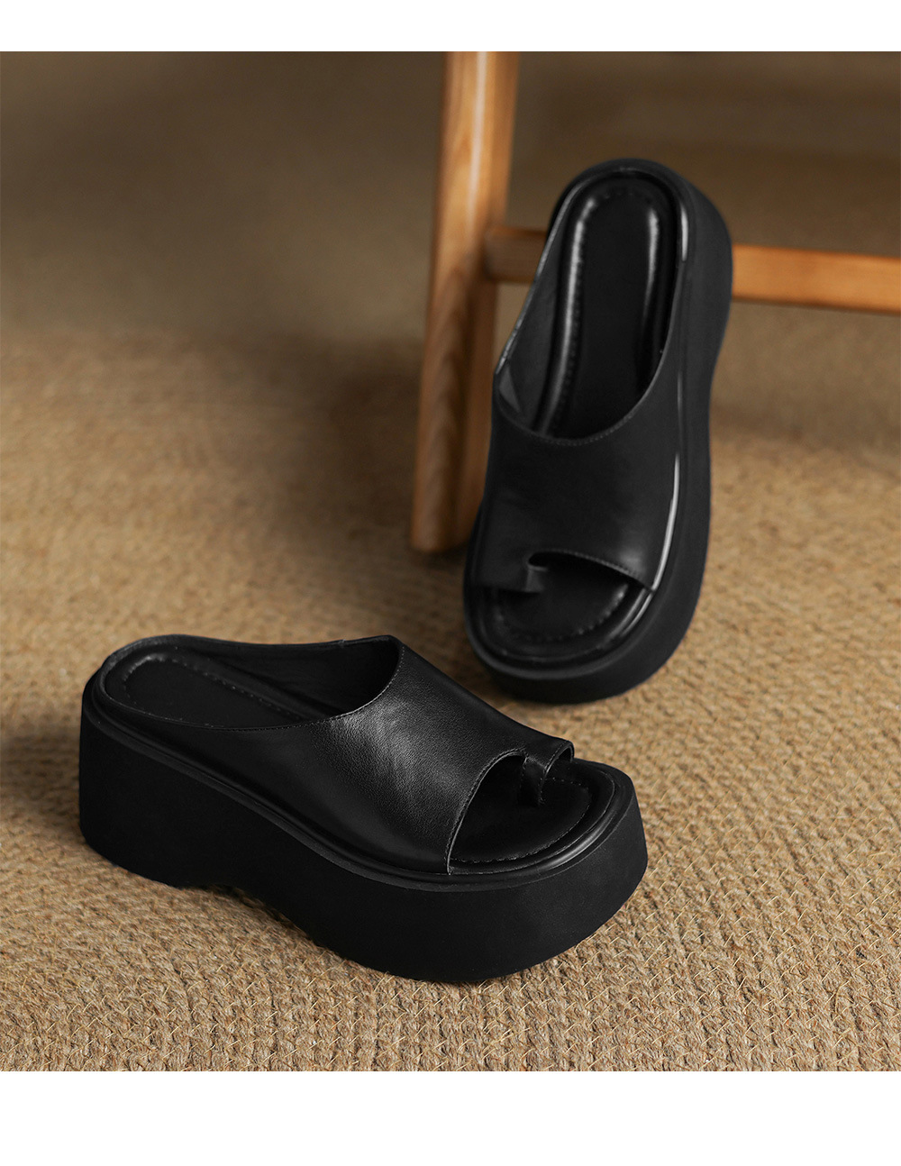 Sandal miệng cá đế xuồng cao su dày dáng người nhỏ, dép xỏ ngón mùa hè platform — Màu đen chi tiết 17