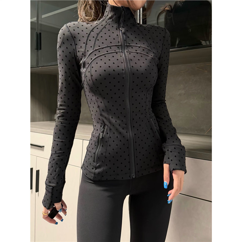 Luqi Lulu First Release: Cute Black Polka Dot Slim-Fit Stand-Collar Jacket, Long-Sleeve Slim-Fit Sports Coat for Women