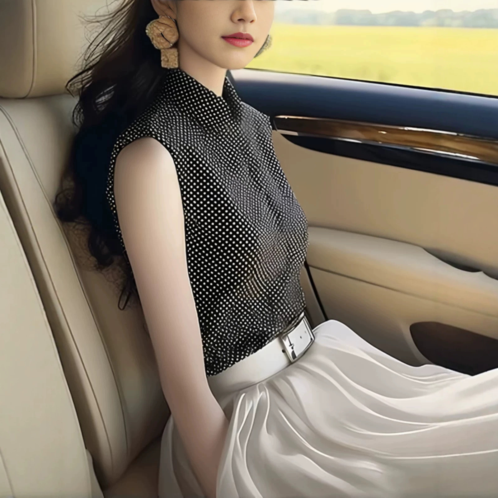 Áo sơ mi không tay nữ kiểu Pháp chấm bi đen ôm nhẹ — màu đen chi tiết 3