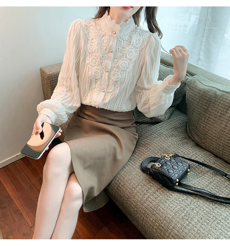 2022 Autumn/Winter new style fleece high-neck lace shirt chiffon shirt top, elegant base layer, fairy pic 15