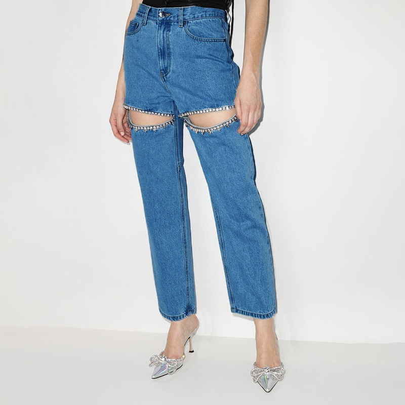 Neue, grenzüberschreitende Modekollektion 2025: Europäische und amerikanische Strassdesigns, durchbrochene Waschung, vielseitiges High-Waist-Hemd mit geradem Bein_voghion.com
