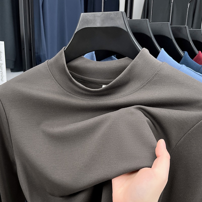 Young and middle-aged men's spring and autumn style simple solid color semi-high collar business casual long-sleeved base shirt with mulberry silk