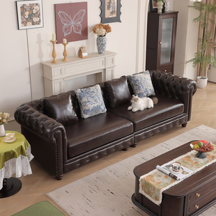 Family Luxury American-Style Button Sofa, Luxurious Top-Grain Leather Oil Wax Leather Sofa, Factory Reclining and Sitting Sofa