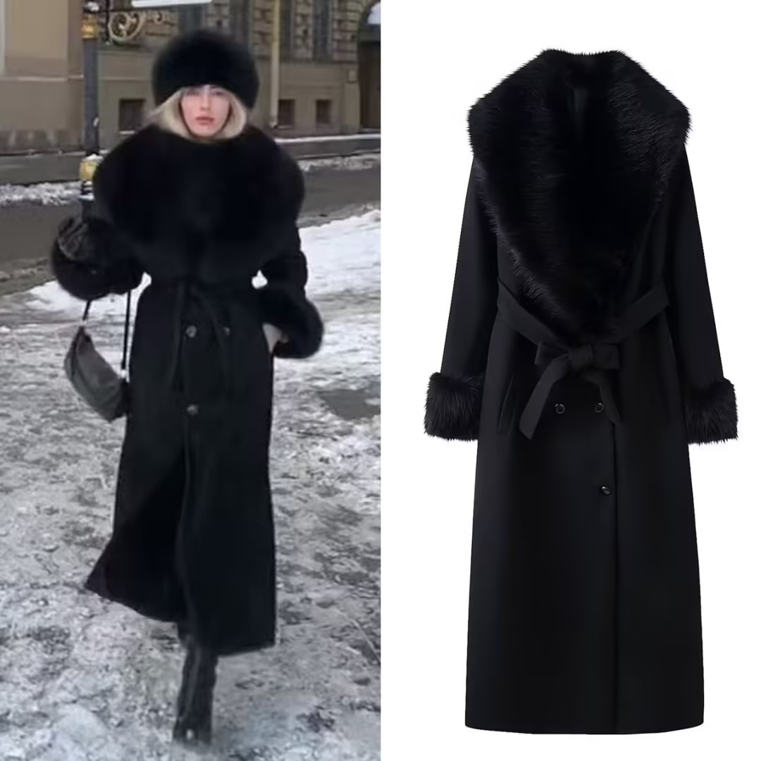 Foreign Trade Cross-Border Wholesale Winter New High-End Elegant Large Fur Collar Fashionable Waist Long-Sleeved Long Coat Jacket